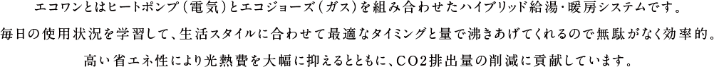 エコワンとはヒートポンプ（電気）とエコジョーズ（ガス）を組み合わせたハイブリッド給湯・暖房システムです。