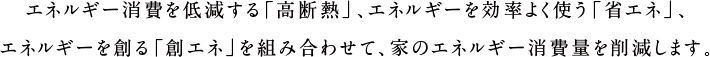 エネルギー消費を低減する「高断熱」、エネルギーを効率よく使う「省エネ」、エネルギーを創る「創エネ」を組み合わせて、家のエネルギー消費量を削減します。