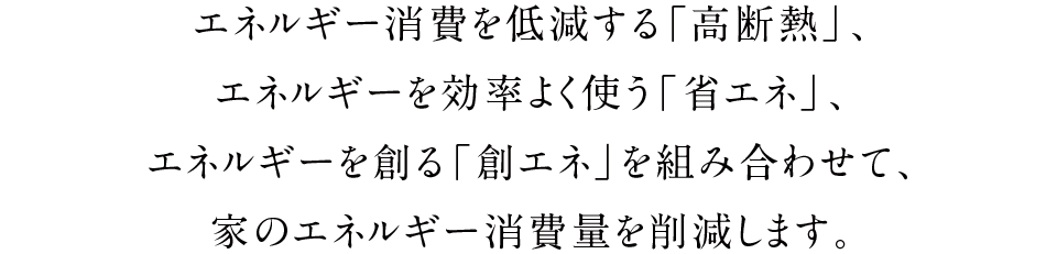 エネルギー消費を低減する「高断熱」、エネルギーを効率よく使う「省エネ」、エネルギーを創る「創エネ」を組み合わせて、家のエネルギー消費量を削減します。