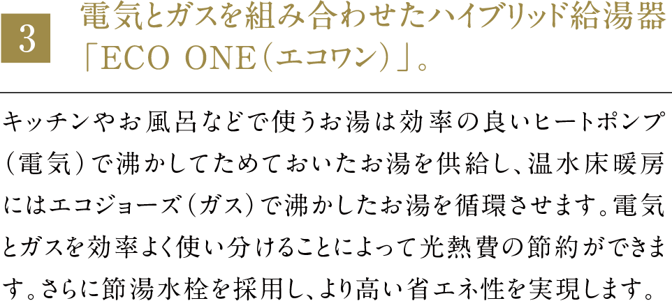 電気とガスを組み合わせたハイブリッド給湯器「ECO ONE（エコワン）」。