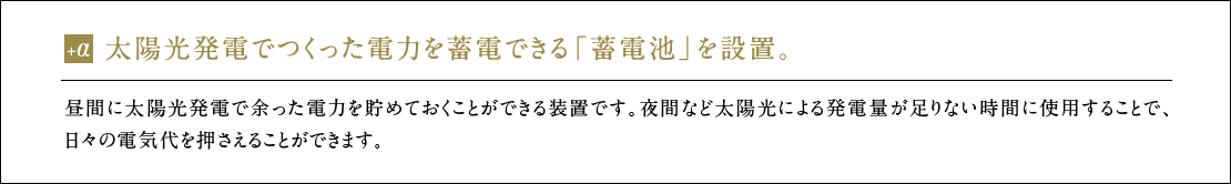 太陽光発電でつくった電力を蓄電できる「蓄電池」を設置。