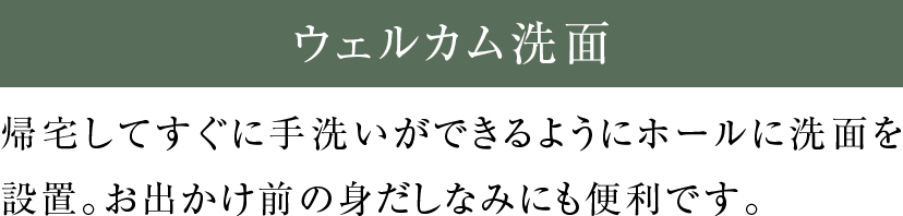 ウェルカム洗面 帰宅してすぐに手洗いができるようにホールに洗面を設置。お出かけ前の身だしなみにも便利です。