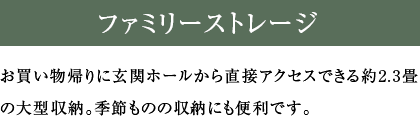 お買い物帰りに玄関ホールから直接アクセスできる約2.3畳の大型収納。季節ものの収納にも便利です。