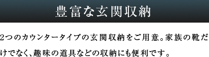 豊富な玄関収納 2つのカウンタータイプの玄関収納をご用意。家族の靴だけでなく、趣味の道具などの収納にも便利です。