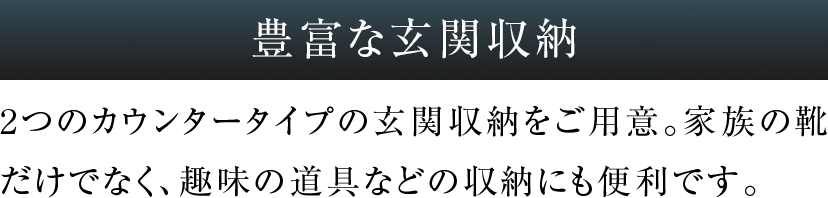 豊富な玄関収納 2つのカウンタータイプの玄関収納をご用意。家族の靴だけでなく、趣味の道具などの収納にも便利です。