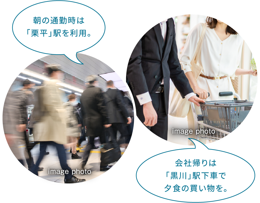 朝の通勤時は「栗平」駅を利用。会社帰りは「黒川」駅下車で夕食の買い物を。
